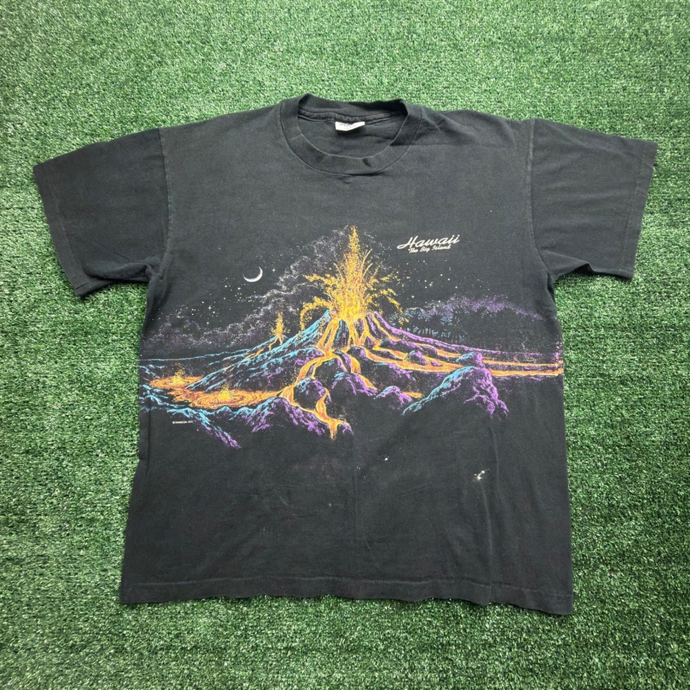 Vintage SURF Sansegal Hawaii Volcano T-Shirt Black Graphic Tee L Single stitch